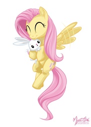 Size: 704x974 | Tagged: dead source, safe, artist:mysticalpha, angel bunny, fluttershy, pegasus, pony, g4, ^^, eyes closed, female, flying, happy, holding, mare, motion lines, simple background, smiling, white background