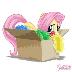 Size: 825x825 | Tagged: safe, artist:mysticalpha, fluttershy, pegasus, pony, g4, hearth's warming eve (episode), box, female, flutterbox, mare, pony in a box, simple background, solo, tinsel