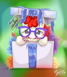 Size: 825x950 | Tagged: safe, artist:mysticalpha, twist, earth pony, pony, g4, candy cane, christmas, female, filly, glasses, looking at you, mouth hold, pony in a box, solo