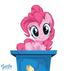 Size: 825x825 | Tagged: safe, artist:mysticalpha, pinkie pie, earth pony, pony, applebuck season, g4, cute, diapinkes, female, looking at you, mare, podium, simple background, solo, white background