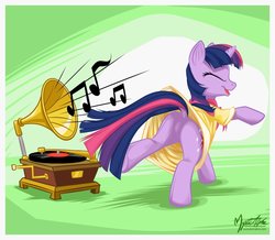 Size: 1032x899 | Tagged: safe, artist:mysticalpha, twilight sparkle, pony, unicorn, g4, sweet and elite, birthday dress, butt, clothes, dancing, do the sparkle, dock, dress, eyes closed, featureless crotch, female, gramophone, mare, music, music notes, plot, raised hoof, raised leg, record, record player, solo, unicorn twilight