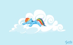 Size: 1680x1050 | Tagged: safe, artist:mysticalpha, rainbow dash, pegasus, pony, g4, cloud, eyes closed, female, hooves, lying on a cloud, mare, on a cloud, prone, sleeping, sleepydash, solo, wallpaper, wings