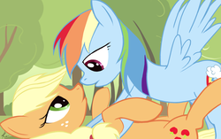 Size: 1800x1128 | Tagged: dead source, safe, artist:grissaecrim, applejack, rainbow dash, earth pony, pegasus, pony, g4, the return of harmony, adobe imageready, bedroom eyes, eye contact, female, hatless, imminent kissing, lesbian, looking at each other, lying down, mare, missing accessory, on back, photoshop, profile, ship:appledash, shipping, sultry pose, wingboner
