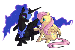 Size: 800x533 | Tagged: safe, artist:keshikins, fluttershy, nightmare moon, alicorn, pegasus, pony, g4, eye contact, female, fluttermoon, looking at each other, mare, prone, rarepair, shipping, simple background, transparent background