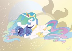 Size: 1280x905 | Tagged: safe, artist:dawnallies, princess celestia, princess luna, alicorn, pony, g4, abstract background, cute, eyes closed, female, filly, lunabetes, mare, prone, royal sisters, s1 luna, siblings, sisters, sleeping, sun, woona, younger
