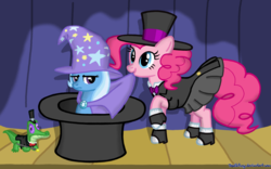 Size: 1920x1200 | Tagged: safe, artist:deathpwny, gummy, pinkie pie, trixie, earth pony, pony, unicorn, g4, bunny out of the hat, clothes, dapper, female, hat, magic trick, mare, stage, top hat, unamused