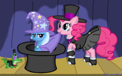 Size: 1920x1200 | Tagged: safe, artist:deathpwny, gummy, pinkie pie, trixie, alligator, earth pony, pony, unicorn, g4, bunny out of the hat, clothes, dapper, female, hat, indoors, magic trick, mare, stage, top hat, unamused