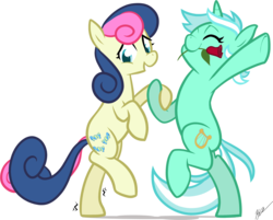 Size: 1100x885 | Tagged: dead source, safe, artist:egophiliac, bon bon, lyra heartstrings, sweetie drops, earth pony, pony, unicorn, g4, adobe imageready, adorabon, bipedal, cute, dancing, eyes closed, female, flower, flower in mouth, holding hooves, lesbian, lyrabetes, mare, mouth hold, open mouth, rose, ship:lyrabon, shipping, simple background, transparent background