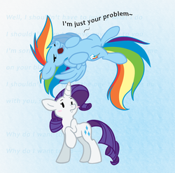 Size: 875x863 | Tagged: safe, artist:mellowyellowpony, artist:selective-yellow, rainbow dash, rarity, pegasus, pony, unicorn, g4, abstract background, adventure time, crossover, female, i'm just your problem, lesbian, male, mare, photoshop, reference, ship:raridash, shipping, singing, what was missing