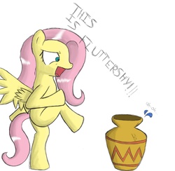 Size: 2480x2419 | Tagged: safe, artist:alucard8000, fluttershy, pegasus, pony, g4, 300, bipedal, crossover, female, high res, mare, photoshop, simple background, solo, sparta, this is sparta, vase, white background