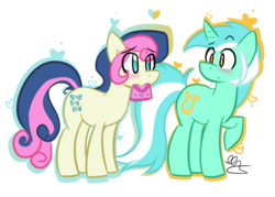 Size: 700x500 | Tagged: dead source, safe, artist:strobo-pop, bon bon, lyra heartstrings, sweetie drops, earth pony, pony, unicorn, g4, blushing, confused, eye contact, female, heart, lesbian, love letter, mare, mouth hold, ship:lyrabon, shipping, simple background, transparent background