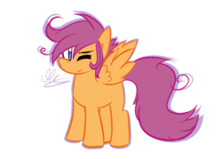 Size: 700x500 | Tagged: dead source, safe, artist:strobo-pop, scootaloo, pegasus, pony, g4, blank flank, female, filly, one eye closed, simple background, solo, spread wings, transparent background, wings, wink
