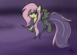 Size: 700x500 | Tagged: dead source, safe, artist:strobo-pop, fluttershy, pegasus, pony, g4, female, flying, mare, rain, solo