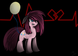 Size: 700x500 | Tagged: dead source, safe, artist:strobo-pop, pinkie pie, earth pony, pony, g4, abstract background, balloon, black background, crying, electrocardiogram, eye clipping through hair, female, hair over one eye, mare, pinkamena diane pie, simple background, solo, standing