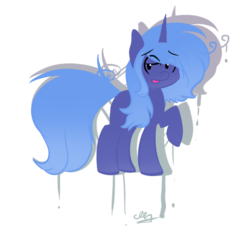 Size: 541x500 | Tagged: dead source, safe, artist:strobo-pop, princess luna, alicorn, pony, unicorn, g4, blank flank, female, fluffy hair, lidded eyes, looking at you, mare, messy mane, missing cutie mark, race swap, raised hoof, s1 luna, simple background, solo, transparent background, unicorn luna, wingless, wingless alicorn