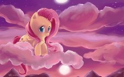 Size: 3500x2172 | Tagged: dead source, safe, artist:iamthecowboysmuggler, fluttershy, pegasus, pony, g4, cloud, cloudy, female, high res, hooves, lying on a cloud, mare, moon, mountain, mountain range, on a cloud, paint tool sai, prone, solo, wings