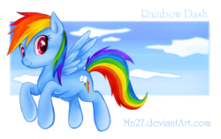 Size: 675x427 | Tagged: safe, artist:mn27, rainbow dash, pegasus, pony, g4, blue sky, blue text, cloud, deviantart, female, flying, happy, mare, sky, smiling, solo, spread wings, url, wings