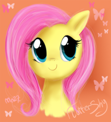 Size: 600x662 | Tagged: safe, artist:mn27, fluttershy, butterfly, pegasus, pony, g4, abstract background, bust, closed mouth, cute, eyes open, female, handwriting, happy, mare, name, orange background, portrait, shyabetes, signature, simple background, smiling, solo, text