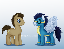 Size: 1539x1200 | Tagged: source needed, useless source url, safe, artist:mn27, doctor whooves, soarin', time turner, earth pony, pegasus, pony, g4, duo, duo male, goggles, gradient background, male, stallion, wonderbolts
