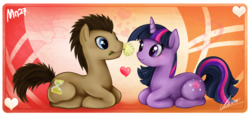 Size: 1024x480 | Tagged: dead source, safe, artist:mn27, doctor whooves, time turner, twilight sparkle, earth pony, pony, unicorn, g4, abstract background, daisy (flower), doctwi, female, flower, flower in mouth, heart, male, mare, mouth hold, prone, shipping, stallion, straight, unicorn twilight