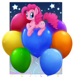 Size: 1979x2079 | Tagged: safe, artist:mn27, pinkie pie, earth pony, pony, g4, balloon, cute, diapinkes, female, mare, prone, simple background, solo, stars, that pony sure does love balloons, transparent background