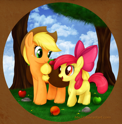 Size: 2292x2343 | Tagged: safe, artist:mn27, apple bloom, applejack, earth pony, pony, g4, adorabloom, apple, apple sisters, applejack's hat, cowboy hat, cute, duo, female, filly, foal, hat, high res, jackabetes, mare, siblings, sisters, tree