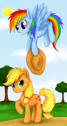 Size: 900x1686 | Tagged: safe, artist:mn27, applejack, rainbow dash, earth pony, pegasus, pony, g4, female, flying, hat, mare, sun, tree