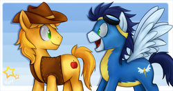 Size: 900x474 | Tagged: safe, artist:mn27, braeburn, soarin', earth pony, pegasus, pony, g4, abstract background, eye contact, gay, goggles, goggles on head, happy, looking at each other, male, open mouth, open smile, ship:soarburn, shipping, smiling, spread wings, stallion, wings, wonderbolts