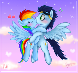 Size: 900x847 | Tagged: safe, artist:mn27, rainbow dash, soarin', pegasus, pony, g4, blushing, duo, female, flying, heart, kiss on the lips, kissing, male, mare, ship:soarindash, shipping, sky, stallion, straight, surprise kiss, surprised