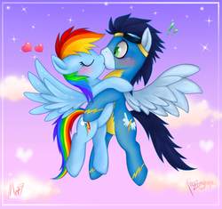 Size: 900x847 | Tagged: dead source, safe, artist:mn27, edit, rainbow dash, soarin', pegasus, pony, g4, blushing, clothes, duo, female, flying, goggles, heart, kiss on the lips, kissing, male, mare, ship:soarindash, shipping, sky, stallion, straight, surprise kiss, surprised, uniform, wonderbolts, wonderbolts uniform