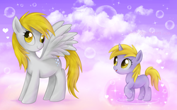 Size: 1280x794 | Tagged: safe, artist:mn27, derpy hooves, dinky hooves, pegasus, pony, unicorn, g4, blank flank, bubble, cloud, cloud walking spell, cute, derpabetes, dinkabetes, female, filly, foal, heart, hooves, horn, mare, mother and daughter, on a cloud, open mouth, raised hoof, sky, smiling, spread wings, standing on a cloud, wings