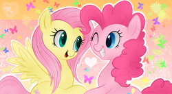 Size: 941x516 | Tagged: safe, artist:mn27, fluttershy, pinkie pie, earth pony, pegasus, pony, g4, abstract background, cute, diapinkes, female, happy, lesbian, mare, ship:flutterpie, shipping, shyabetes, smiling