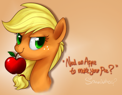 Size: 600x467 | Tagged: dead source, safe, artist:mn27, applejack, earth pony, pony, g4, apple, bust, female, gradient background, hatless, mare, missing accessory, mouth hold, obligatory apple, portrait, solo