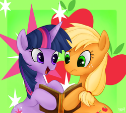 Size: 900x810 | Tagged: dead source, safe, artist:mn27, applejack, twilight sparkle, earth pony, pony, unicorn, g4, book, cute, cutie mark background, female, freckles, frown, happy, hatless, jackabetes, lesbian, mare, missing accessory, open mouth, open smile, ship:twijack, shipping, smiling, twiabetes, unicorn twilight