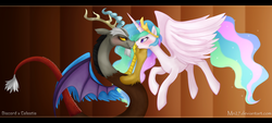 Size: 1600x723 | Tagged: safe, artist:mn27, discord, princess celestia, alicorn, pony, g4, abstract background, bedroom eyes, blushing, female, interspecies, letterboxing, lidded eyes, male, mare, romance, romantic, seductive, seductive look, sexy, ship:dislestia, shipping, straight