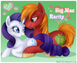 Size: 1232x1008 | Tagged: safe, artist:mn27, big macintosh, rarity, earth pony, pony, unicorn, g4, colored hooves, eyeshadow, female, gradient background, makeup, male, mare, missing freckles, prone, ship:rarimac, shipping, stallion, straight, unshorn fetlocks