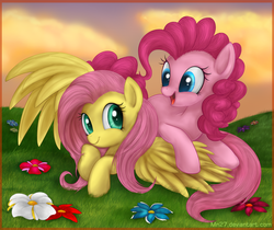 Size: 1428x1200 | Tagged: safe, artist:mn27, fluttershy, pinkie pie, earth pony, pegasus, pony, g4, closed mouth, cute, diapinkes, female, flower, grass, happy, lesbian, lying down, lying on top of someone, mare, open mouth, open smile, prone, ship:flutterpie, shipping, shyabetes, smiling, spread wings, url, wings