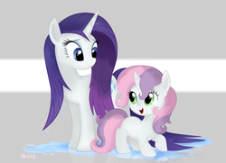 Size: 900x650 | Tagged: safe, artist:mn27, rarity, sweetie belle, pony, unicorn, g4, abstract background, belle sisters, cute, diasweetes, female, filly, mare, raribetes, sisters, wet, wet mane, wet mane rarity, wet mane sweetie belle