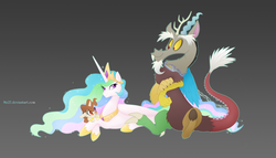 Size: 1982x1136 | Tagged: safe, artist:mn27, discord, princess celestia, oc, oc:assurdita, alicorn, draconequus, hybrid, pony, g4, collar, cute, deviantart watermark, discute, ethereal mane, family, female, filly, foal, gradient background, gray background, interspecies offspring, male, mare, obtrusive watermark, offspring, parent:discord, parent:princess celestia, parents:dislestia, ship:dislestia, shipping, simple background, straight, watermark