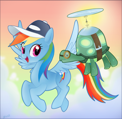 Size: 792x773 | Tagged: safe, artist:mn27, rainbow dash, tank, pegasus, pony, g4, cloud, cloudy, duo, female, flying, hat, mare, sky