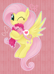 Size: 682x932 | Tagged: safe, artist:mn27, fluttershy, pinkie pie, earth pony, pegasus, pony, g4, abstract background, blushing, carrying, cute, diapinkes, female, filly, filly pinkie pie, foal, heart, holding a pony, lesbian, mare, one eye closed, ship:flutterpie, shipping, younger