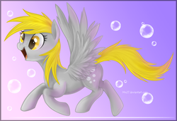 Size: 1521x1034 | Tagged: safe, artist:mn27, derpy hooves, pegasus, pony, g4, bubble, cute, derpabetes, female, gradient background, happy, mare, open mouth, open smile, smiling, solo