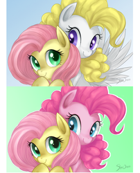 Size: 522x645 | Tagged: safe, artist:mn27, fluttershy, pinkie pie, posey, surprise, earth pony, pegasus, pony, g1, g4, female, g1 to g4, generation leap, lesbian, mare, photoshop, ship:flutterpie, ship:poseyprise, shipping