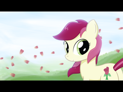 Size: 1280x960 | Tagged: safe, artist:why485, roseluck, earth pony, pony, g4, female, letterboxing, looking at you, looking back, mare, rose petals, solo, wallpaper, wind