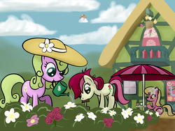 Size: 1600x1200 | Tagged: safe, artist:why485, daisy, flower wishes, honey rays, lily, lily valley, roseluck, earth pony, pegasus, pony, g4, bush, cloud, cottagecore, female, flower, flower trio, hat, hoof hold, mare, mouth hold, on a cloud, palindrome get, peeking, rose, sitting, sun hat, water, watering can