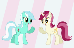 Size: 1400x900 | Tagged: safe, artist:why485, lyra heartstrings, roseluck, earth pony, pony, unicorn, g4, abstract background, costume, duo, duo female, female, mare, palette swap, photoshop, raised hoof, recolor