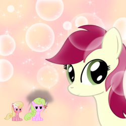 Size: 650x650 | Tagged: safe, artist:why485, daisy, flower wishes, lily, lily valley, roseluck, earth pony, pony, g4, abstract background, bubble, female, flower trio, mare, trio, trio female
