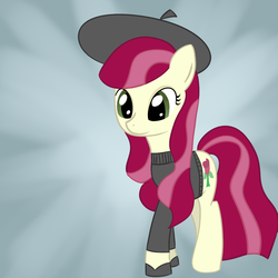 Size: 1200x1200 | Tagged: safe, artist:why485, roseluck, earth pony, pony, g4, alternate hairstyle, beatnik, beret, clothes, female, gradient background, mare, solo, sweater