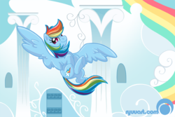 Size: 1000x667 | Tagged: dead source, safe, artist:alienfirst, rainbow dash, pegasus, pony, g4, adobe imageready, cloudsdale, female, flying, mare, solo, wrong neighborhood
