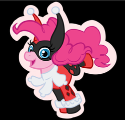 Size: 755x723 | Tagged: dead source, safe, artist:alienfirst, pinkie pie, earth pony, pony, g4, abstract background, batman, cosplay, crossover, female, harley quinn, male, mare, solo